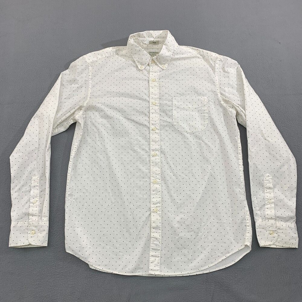 J. Crew Button Down Shirt Mens Large Slim Fit Polka Dot Stretch White Black